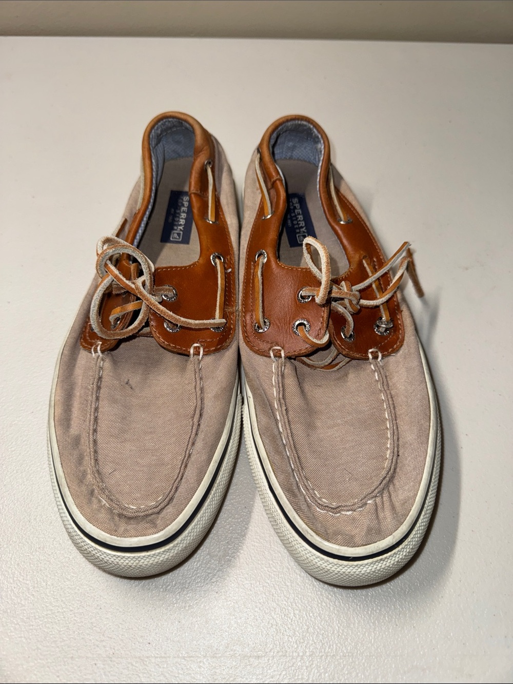 Sperry Kids Beige Canvas and Brown Leather-Trim Sneakers